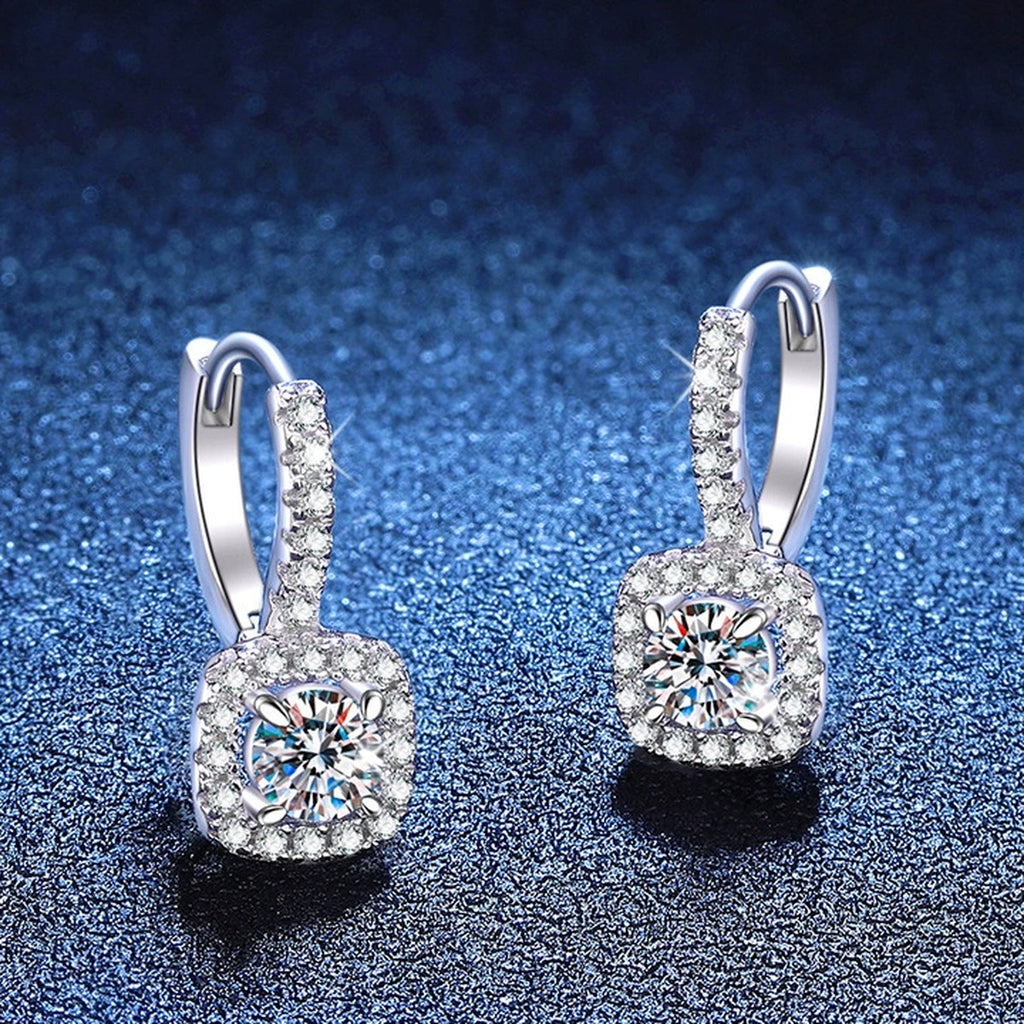 Cushion Halo Moissanite Hoop Drop Earrings with CZ in White Gold-Plated S925 Sterling Silver blue scene product view