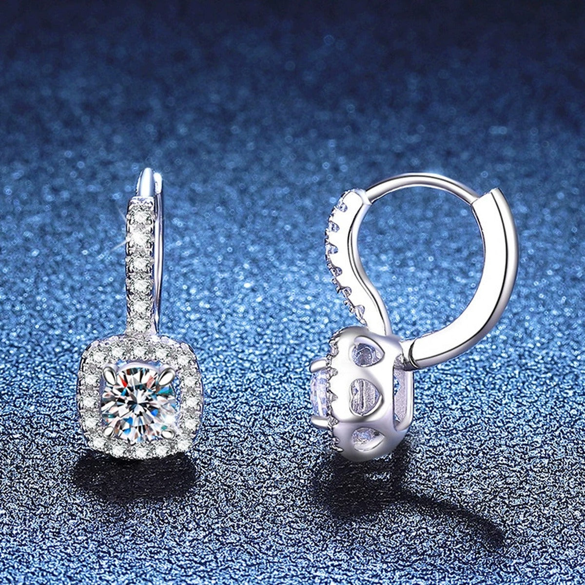 Cushion Halo Moissanite Hoop Drop Earrings with CZ in White Gold-Plated S925 Sterling Silver blue scene angled view