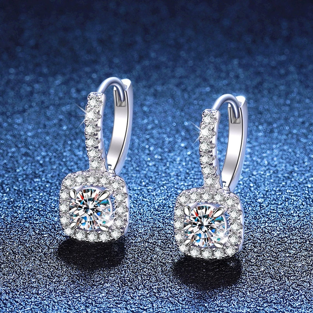 Cushion Halo Moissanite Hoop Drop Earrings with CZ in White Gold-Plated S925 Sterling Silver blue scene close-up view
