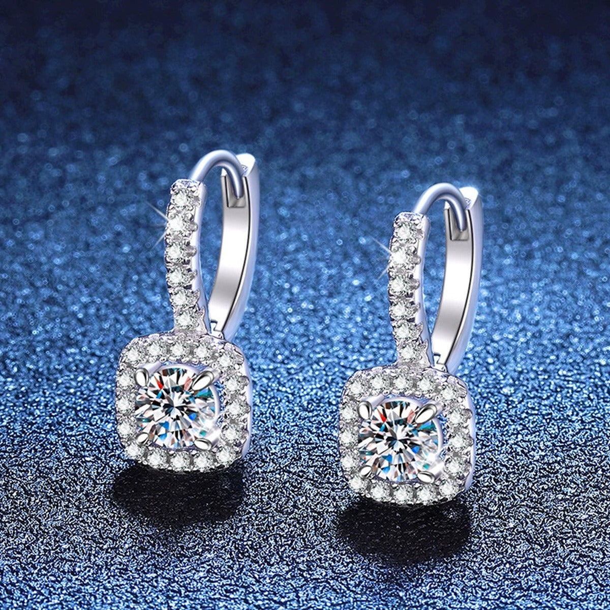 Cushion Halo Moissanite Hoop Drop Earrings with CZ in White Gold-Plated S925 Sterling Silver blue scene close-up view