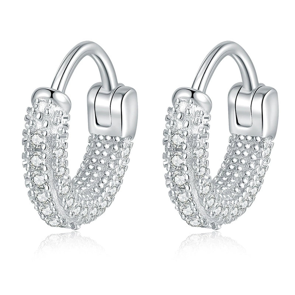 Pave Moissanite Hoop Earrings in White Gold-Plated S925 Sterling Silver on clean white background showing a slim pave hoop design with small round moissanite stones