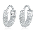 Pave Moissanite Hoop Earrings in White Gold-Plated S925 Sterling Silver on clean white background showing a slim pave hoop design with small round moissanite stones