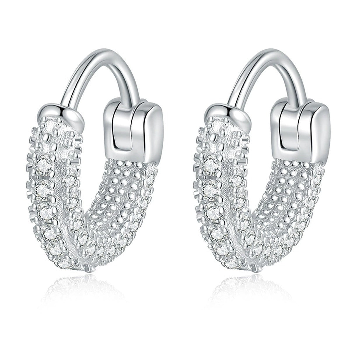 Pave Moissanite Hoop Earrings in White Gold-Plated S925 Sterling Silver on clean white background showing a slim pave hoop design with small round moissanite stones