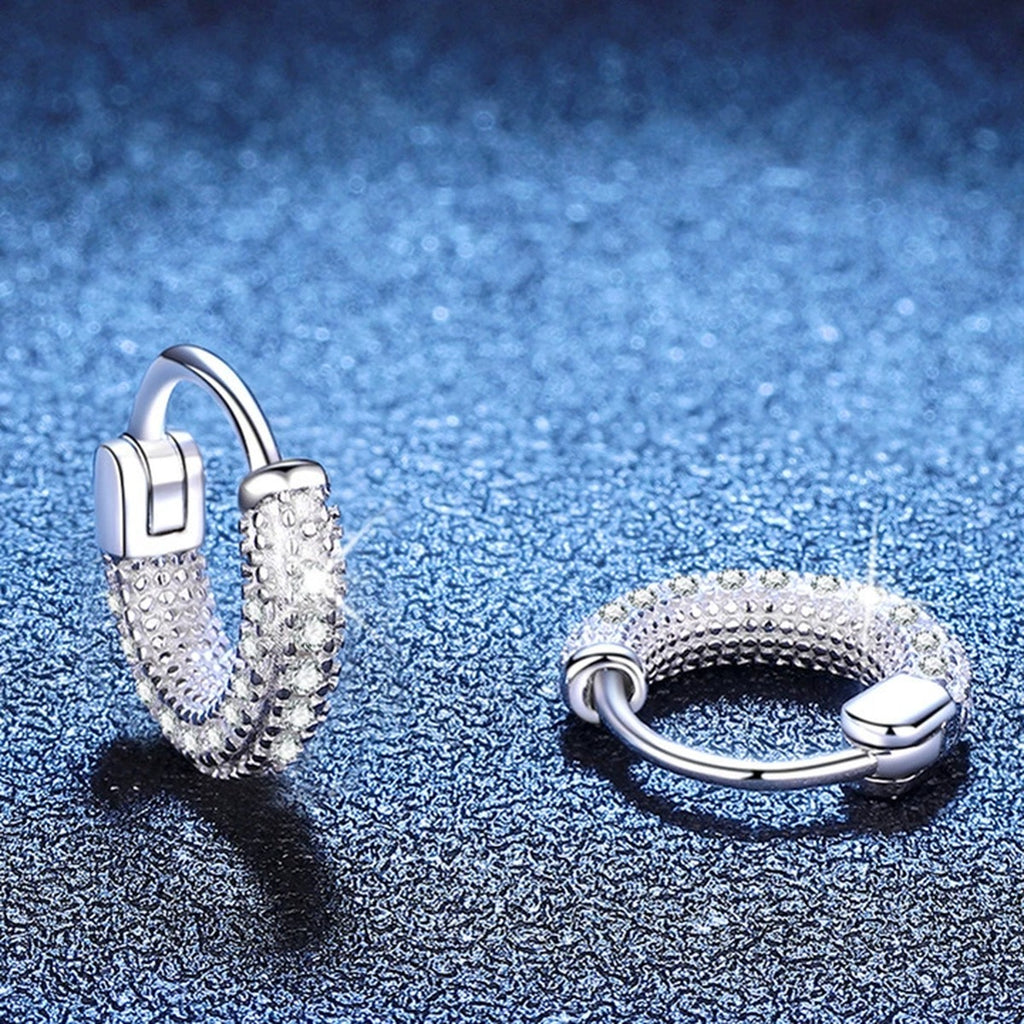 Pave Moissanite Hoop Earrings in White Gold-Plated S925 Sterling Silver blue scene product view