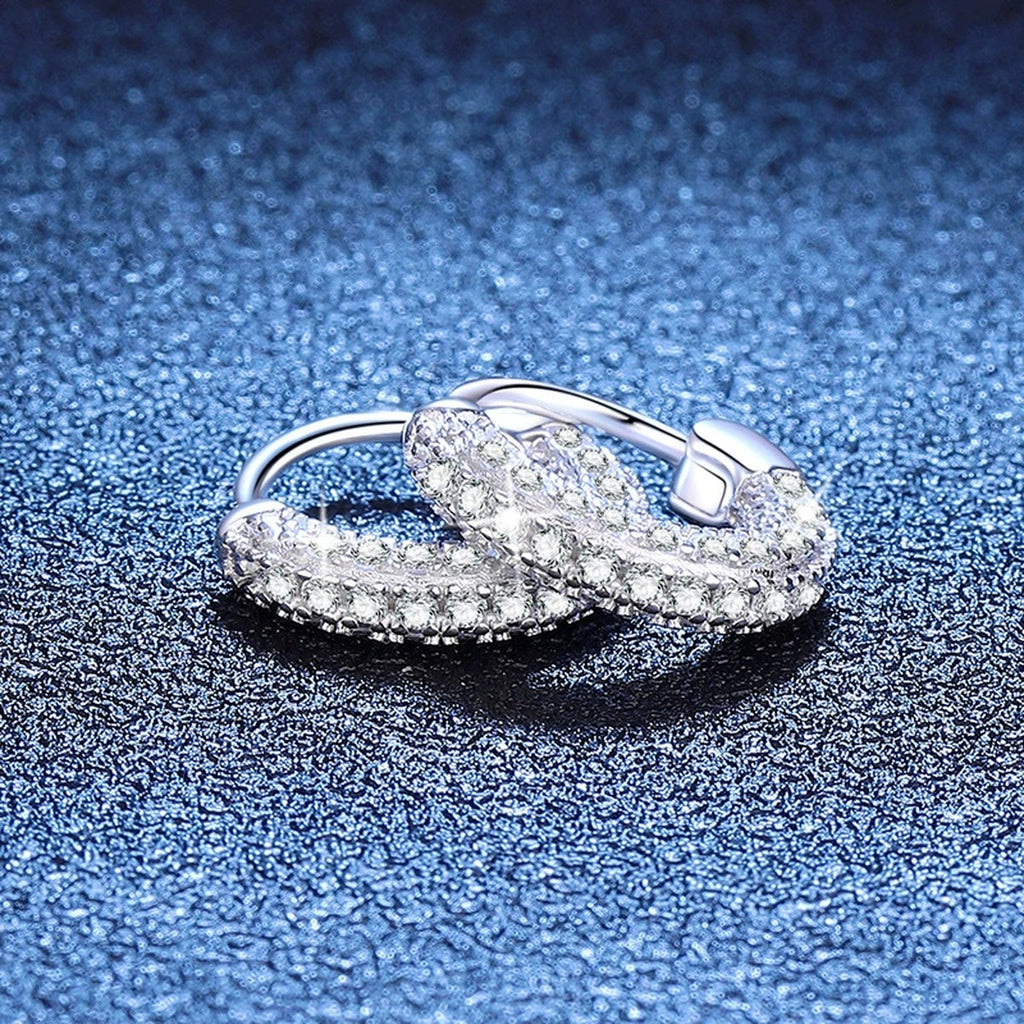 Pave Moissanite Hoop Earrings in White Gold-Plated S925 Sterling Silver blue scene close-up view