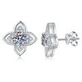 Four-Petal Moissanite Stud Earrings with CZ in White Gold-Plated S925 Sterling Silver on clean white background showing a four-petal flower stud silhouette with a round moissanite center
