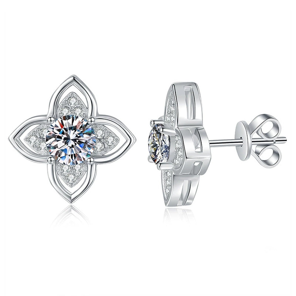 Four-Petal Moissanite Stud Earrings with CZ in White Gold-Plated S925 Sterling Silver on clean white background showing a four-petal flower stud silhouette with a round moissanite center