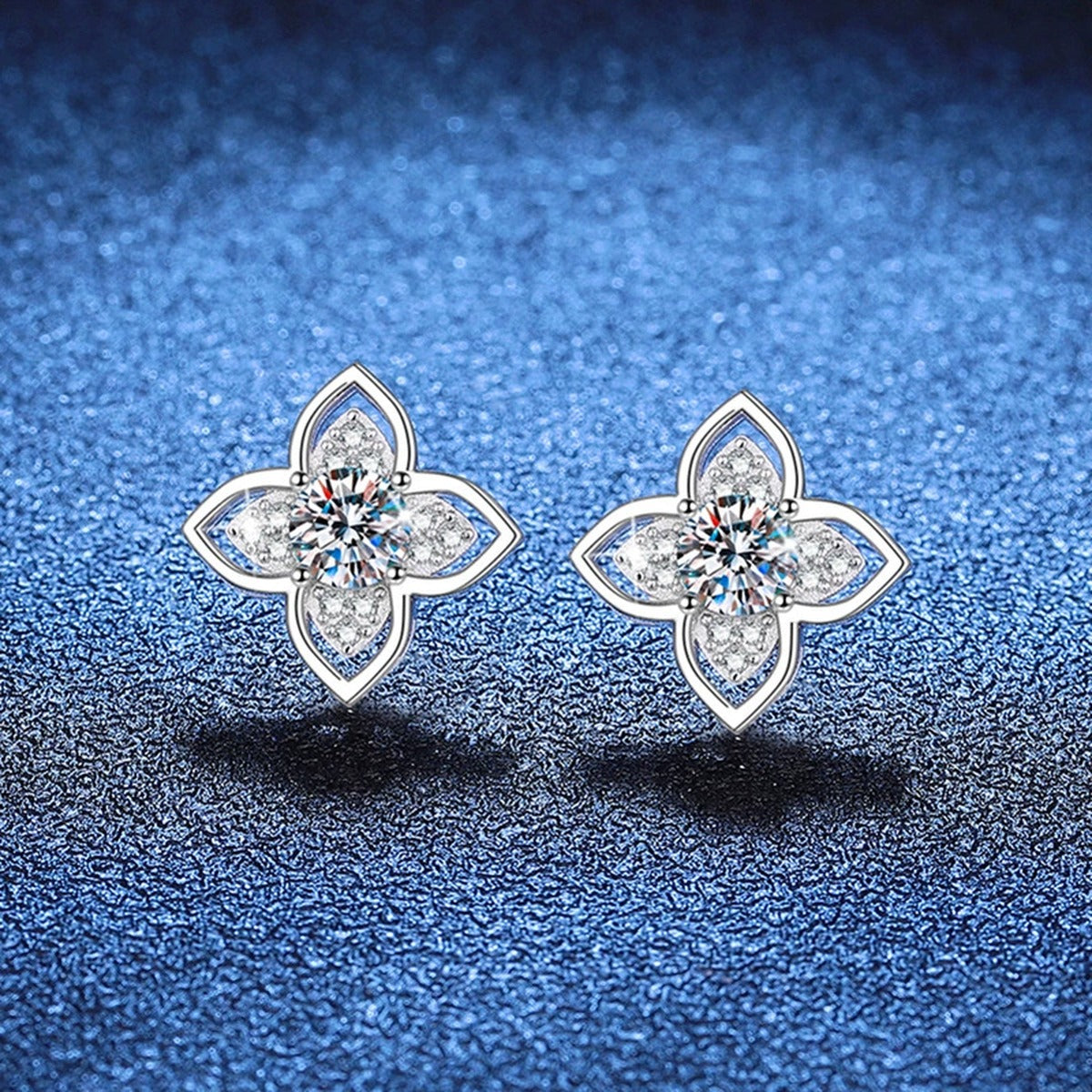 Four-Petal Moissanite Stud Earrings with CZ in White Gold-Plated S925 Sterling Silver blue scene product view