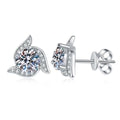 Platinum-plated S925 sterling silver leaf round moissanite stud earrings on white background