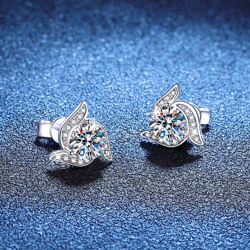 Side view of platinum-plated leaf moissanite stud earrings