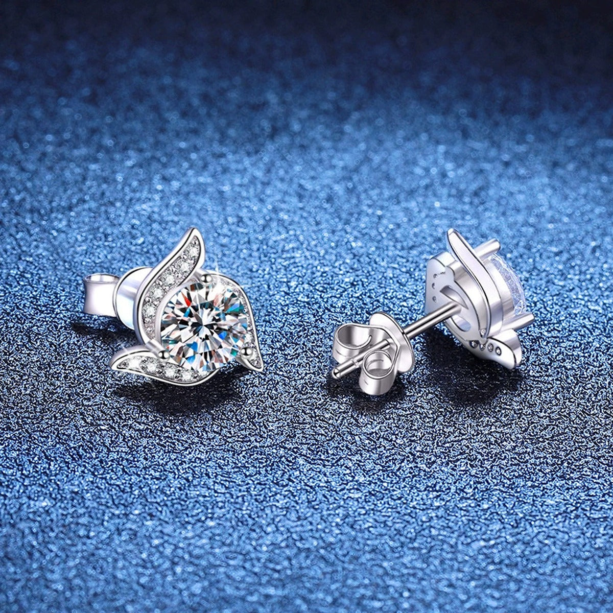 Back view of leaf moissanite stud earrings with post backs