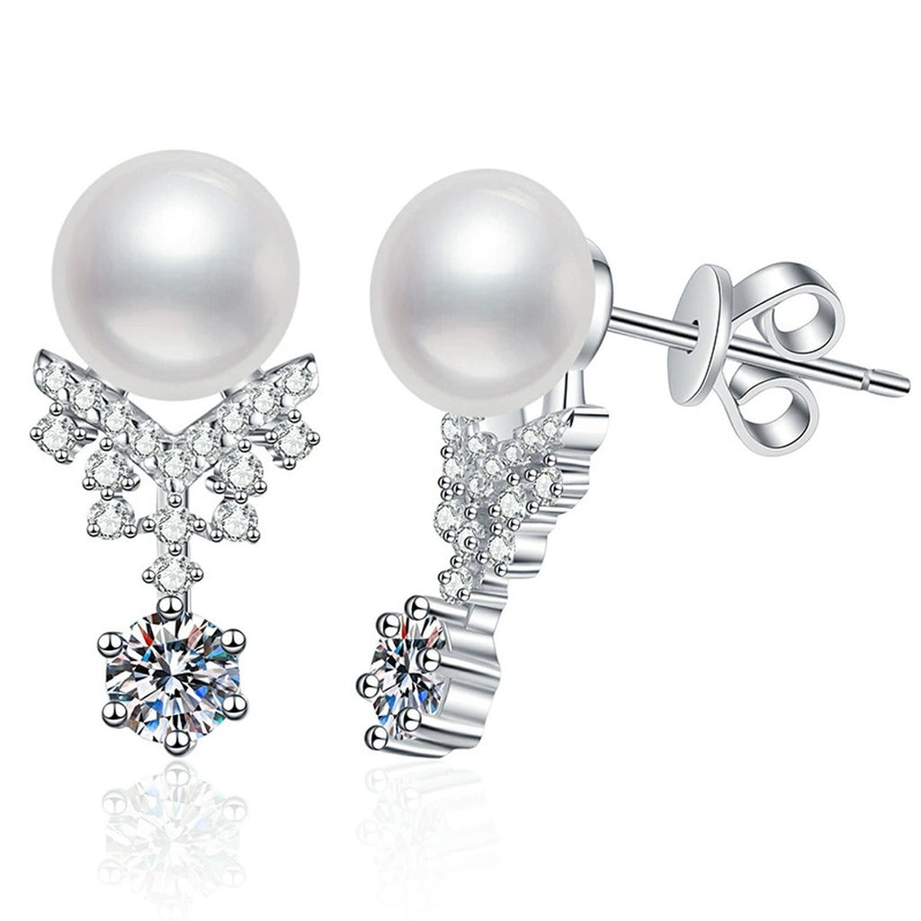 Snowflake Pearl Moissanite Stud Drop Earrings with CZ in White Gold-Plated S925 Sterling Silver on clean white background showing a snowflake moissanite stud top with a pearl and stone drop