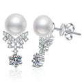 Snowflake Pearl Moissanite Stud Drop Earrings with CZ in White Gold-Plated S925 Sterling Silver on clean white background showing a snowflake moissanite stud top with a pearl and stone drop