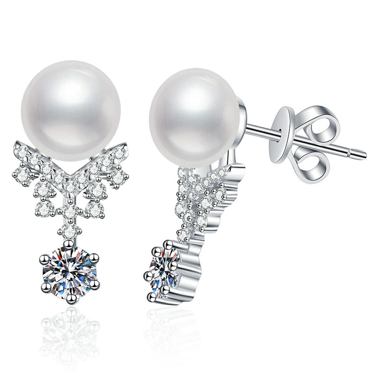 Snowflake Pearl Moissanite Stud Drop Earrings with CZ in White Gold-Plated S925 Sterling Silver on clean white background showing a snowflake moissanite stud top with a pearl and stone drop