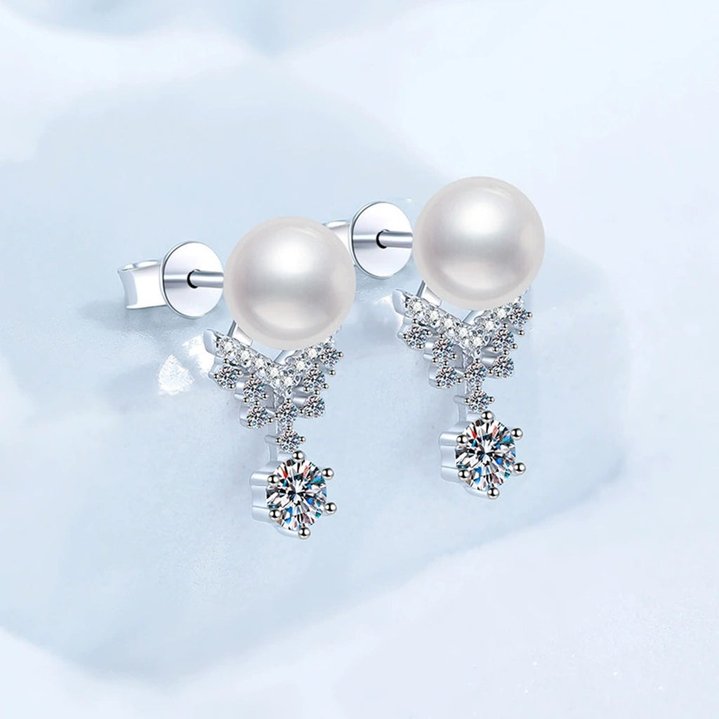 Snowflake Pearl Moissanite Stud Drop Earrings with CZ in White Gold-Plated S925 Sterling Silver blue scene product view