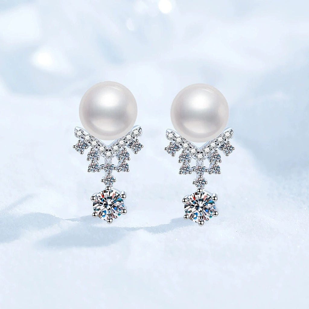 Snowflake Pearl Moissanite Stud Drop Earrings with CZ in White Gold-Plated S925 Sterling Silver close-up product detail view
