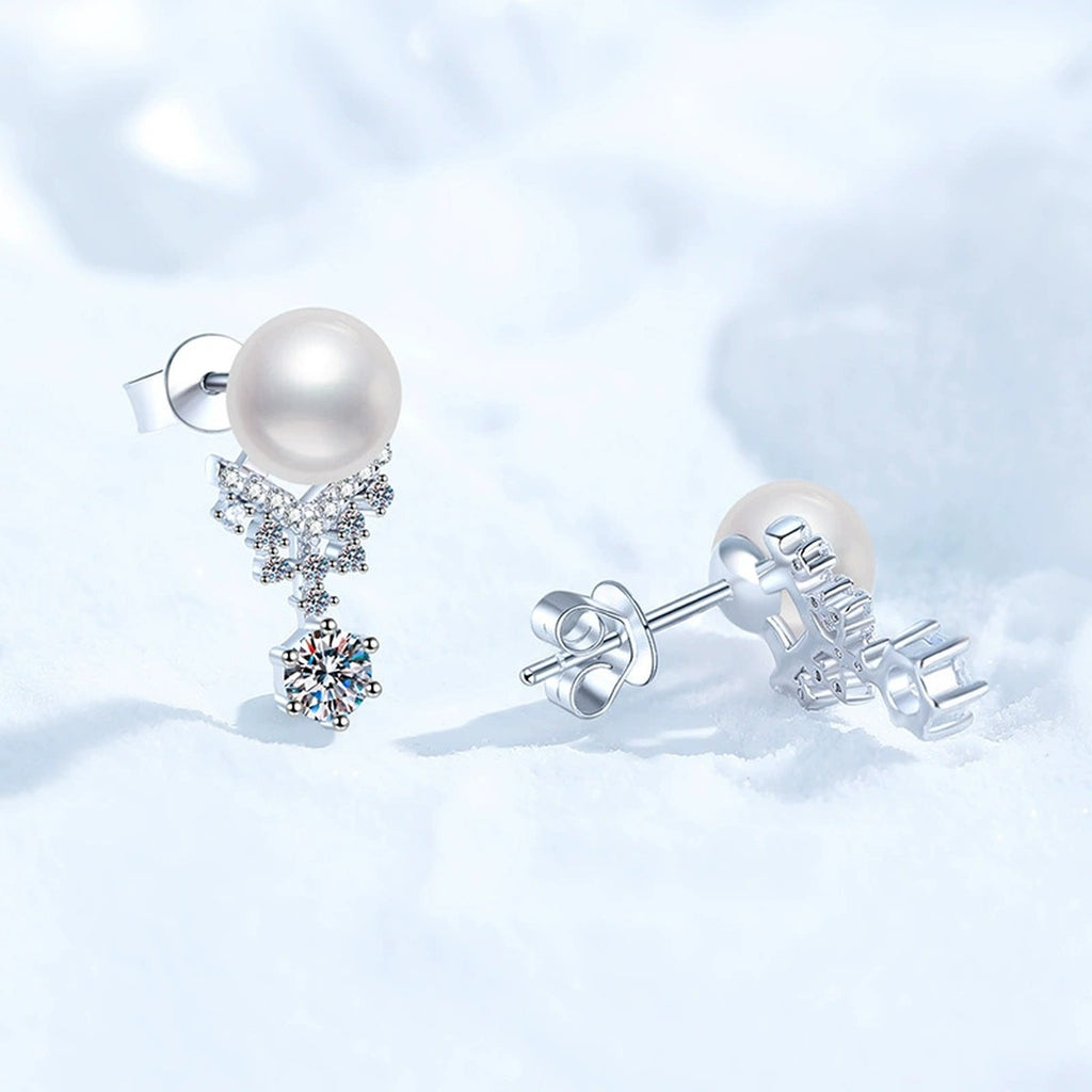Snowflake Pearl Moissanite Stud Drop Earrings with CZ in White Gold-Plated S925 Sterling Silver close-up product detail view