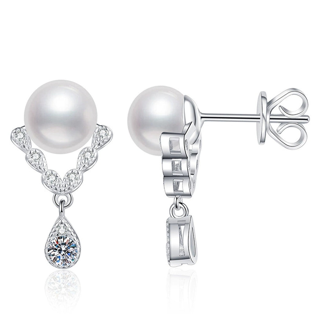 Pearl Moissanite Stud Drop Earrings with CZ in White Gold-Plated S925 Sterling Silver on clean white background showing a pearl-top stud drop with a pear-shaped moissanite lower stone