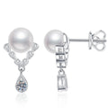 Pearl Moissanite Stud Drop Earrings with CZ in White Gold-Plated S925 Sterling Silver on clean white background showing a pearl-top stud drop with a pear-shaped moissanite lower stone