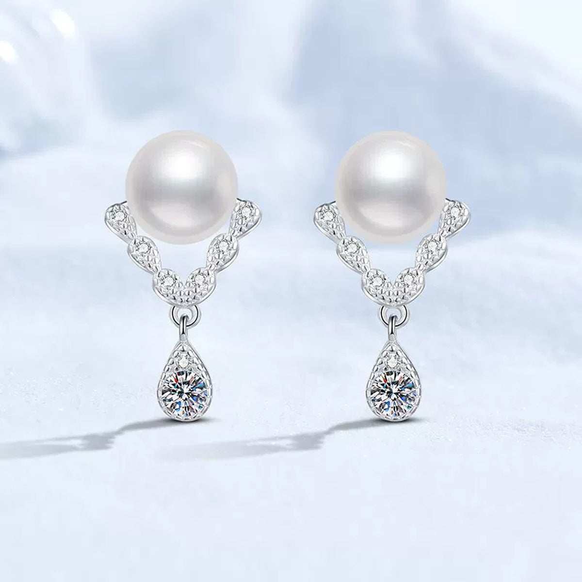 Pearl Moissanite Stud Drop Earrings with CZ in White Gold-Plated S925 Sterling Silver close-up product detail view