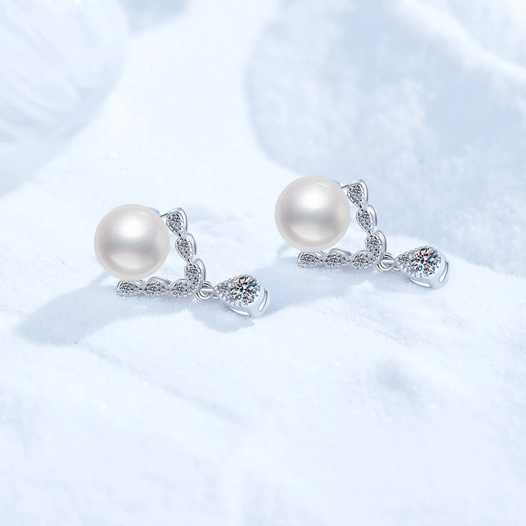 Pearl Moissanite Stud Drop Earrings with CZ in White Gold-Plated S925 Sterling Silver close-up product detail view