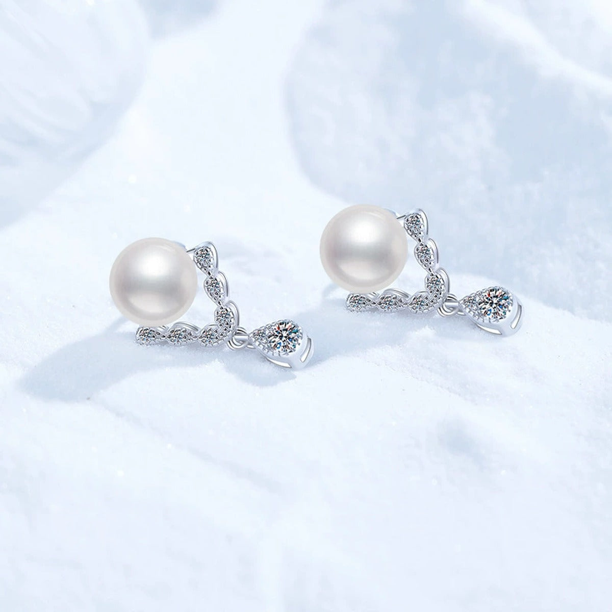 Pearl Moissanite Stud Drop Earrings with CZ in White Gold-Plated S925 Sterling Silver close-up product detail view