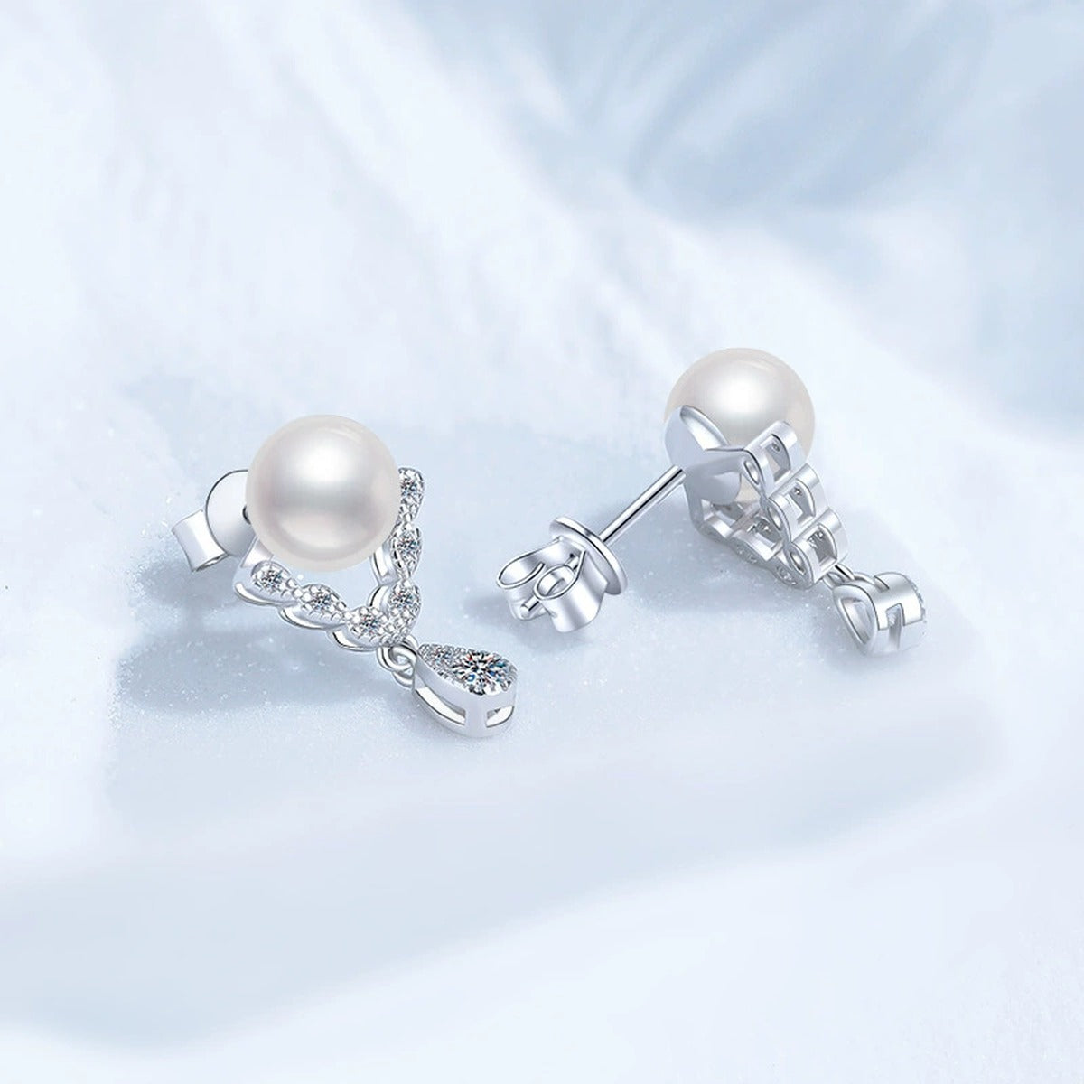 Pearl Moissanite Stud Drop Earrings with CZ in White Gold-Plated S925 Sterling Silver close-up product detail view