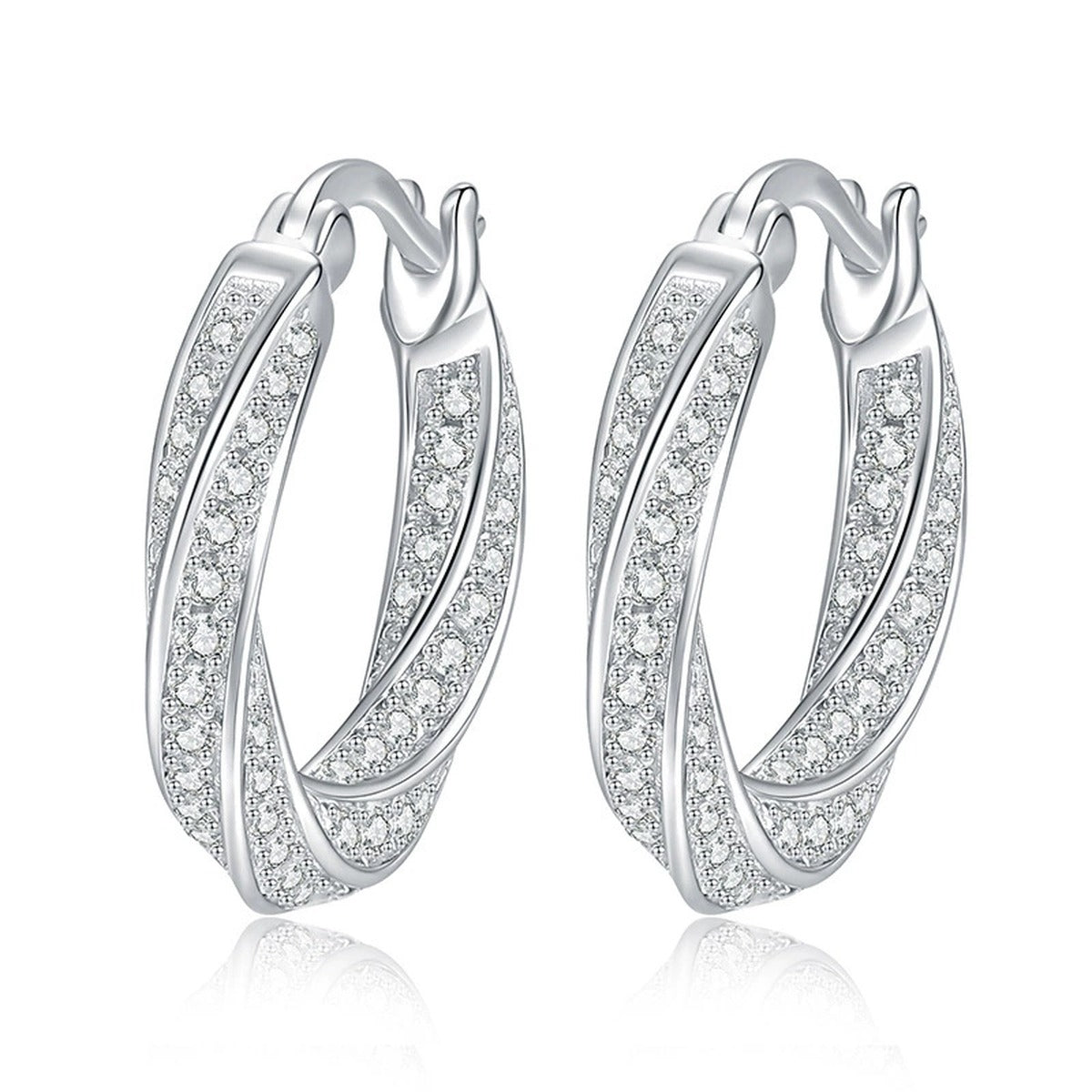 Twist Pave Moissanite Hoop Earrings in White Gold-Plated S925 Sterling Silver on clean white background showing a twisted open hoop profile traced with small moissanite stones