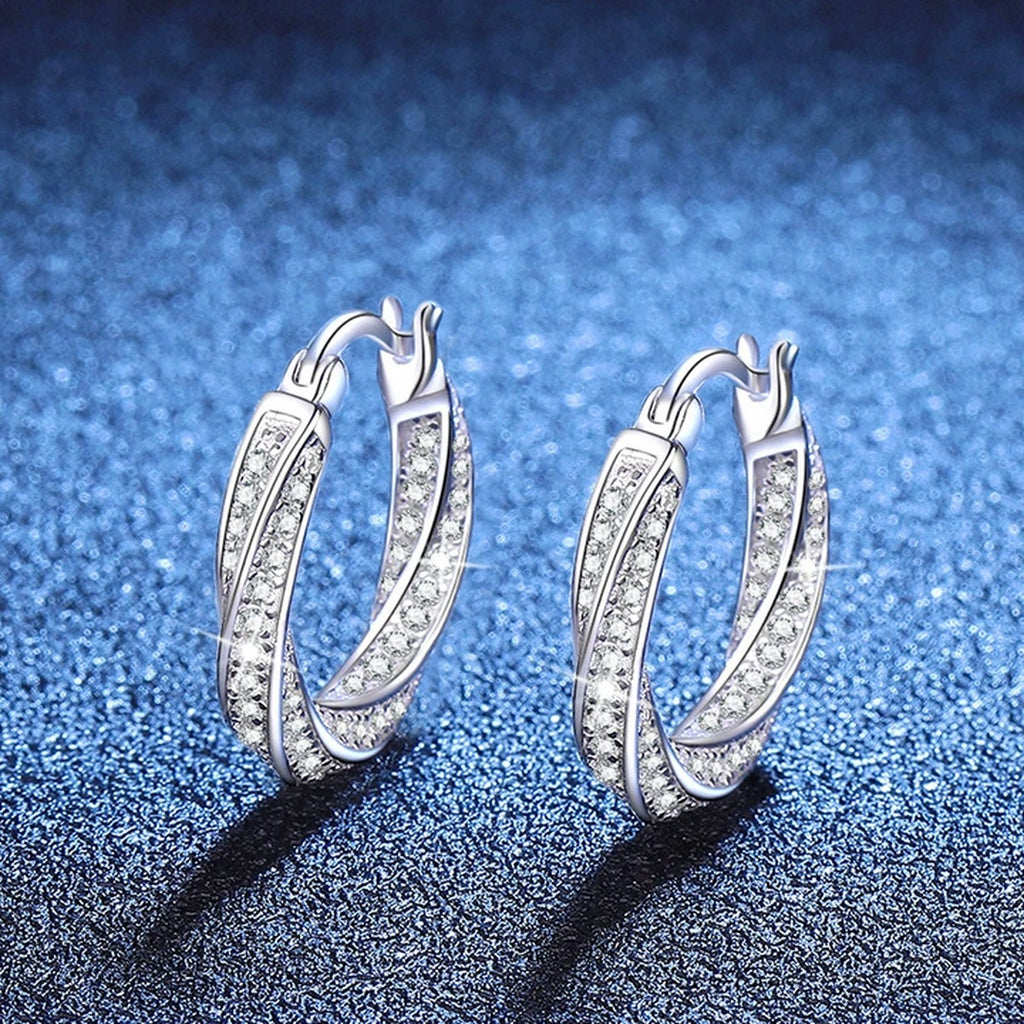 Twist Pave Moissanite Hoop Earrings in White Gold-Plated S925 Sterling Silver blue scene product view