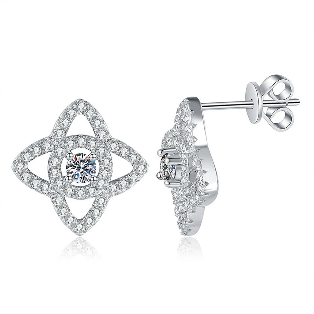 Compass Star Moissanite Stud Earrings with CZ in White Gold-Plated S925 Sterling Silver on clean white background showing a compass star stud shape with a round moissanite center