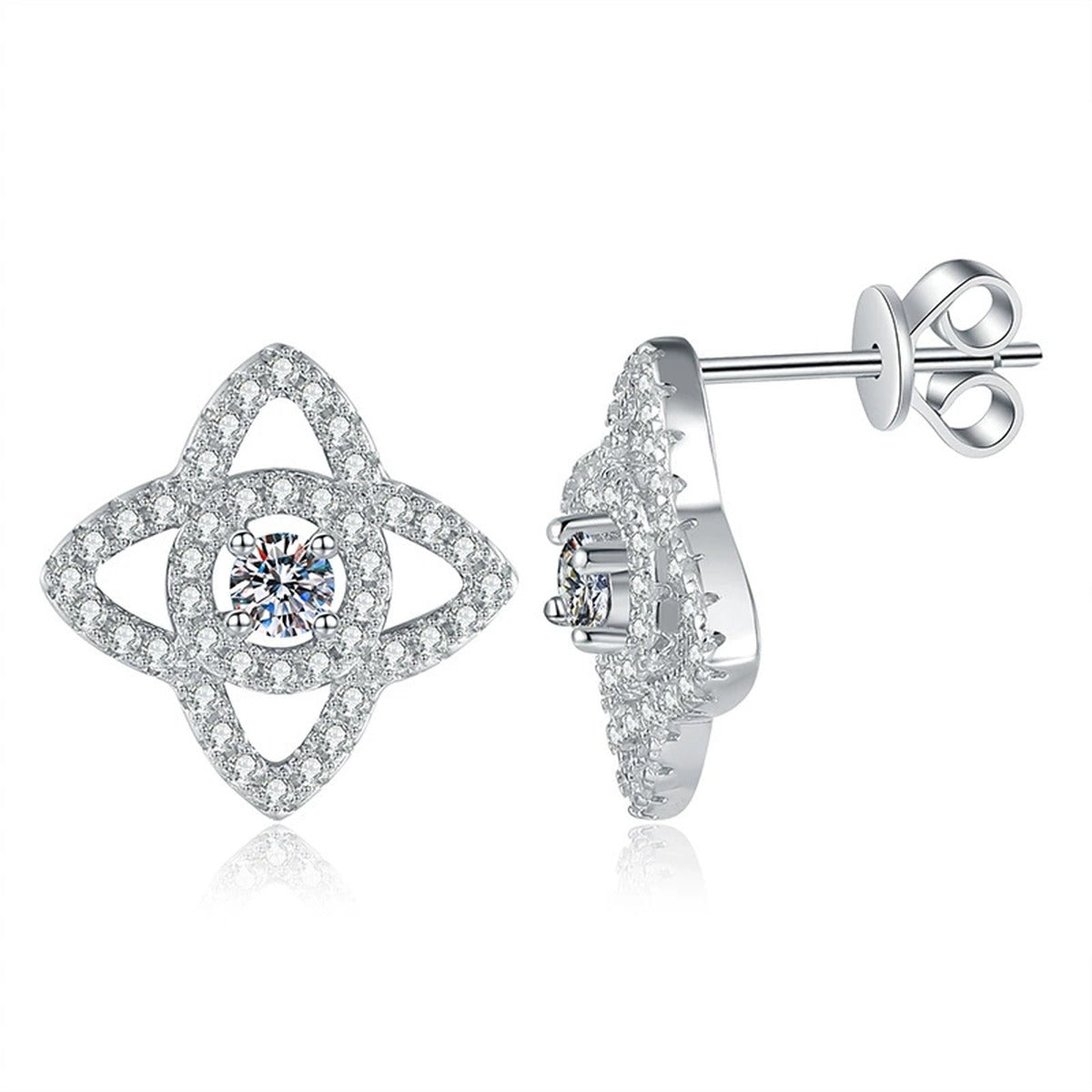 Compass Star Moissanite Stud Earrings with CZ in White Gold-Plated S925 Sterling Silver on clean white background showing a compass star stud shape with a round moissanite center