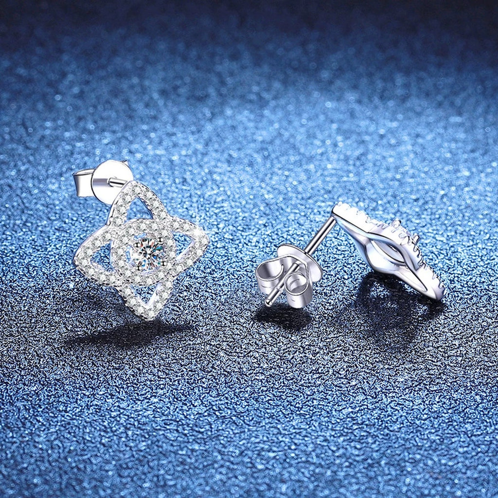 Compass Star Moissanite Stud Earrings with CZ in White Gold-Plated S925 Sterling Silver blue scene product view