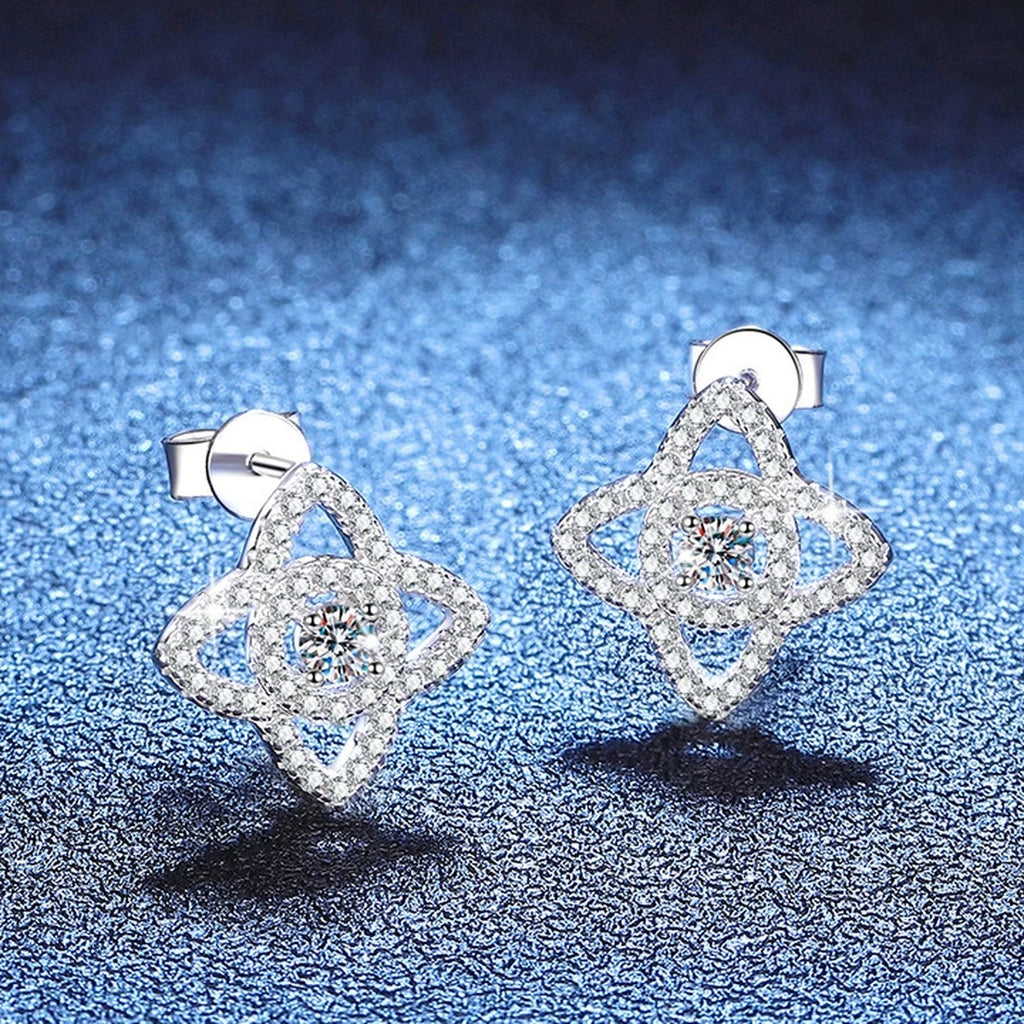 Compass Star Moissanite Stud Earrings with CZ in White Gold-Plated S925 Sterling Silver blue scene angled view
