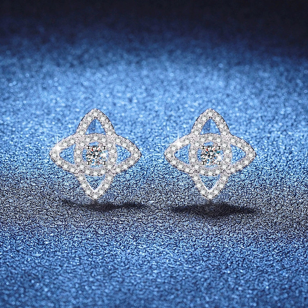 Compass Star Moissanite Stud Earrings with CZ in White Gold-Plated S925 Sterling Silver blue scene close-up view