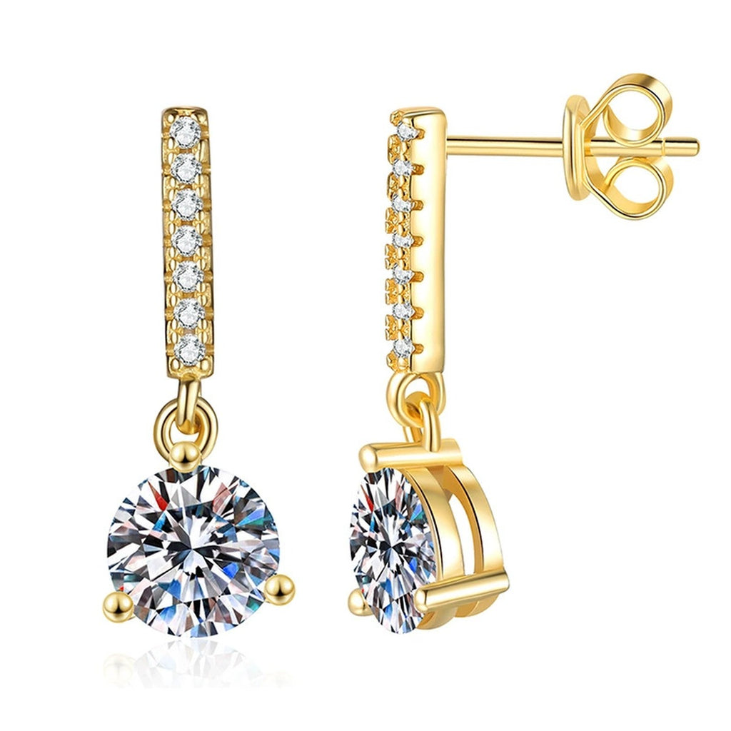 Round Moissanite Bar Drop Earrings with CZ in Yellow Gold-Plated S925 Sterling Silver on clean white background showing a short bar drop stud with a round moissanite top and marquise accents
