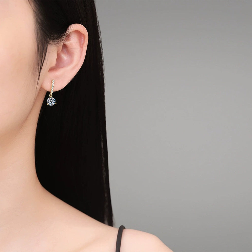 Round Moissanite Bar Drop Earrings with CZ in Yellow Gold-Plated S925 Sterling Silver worn on ear by model