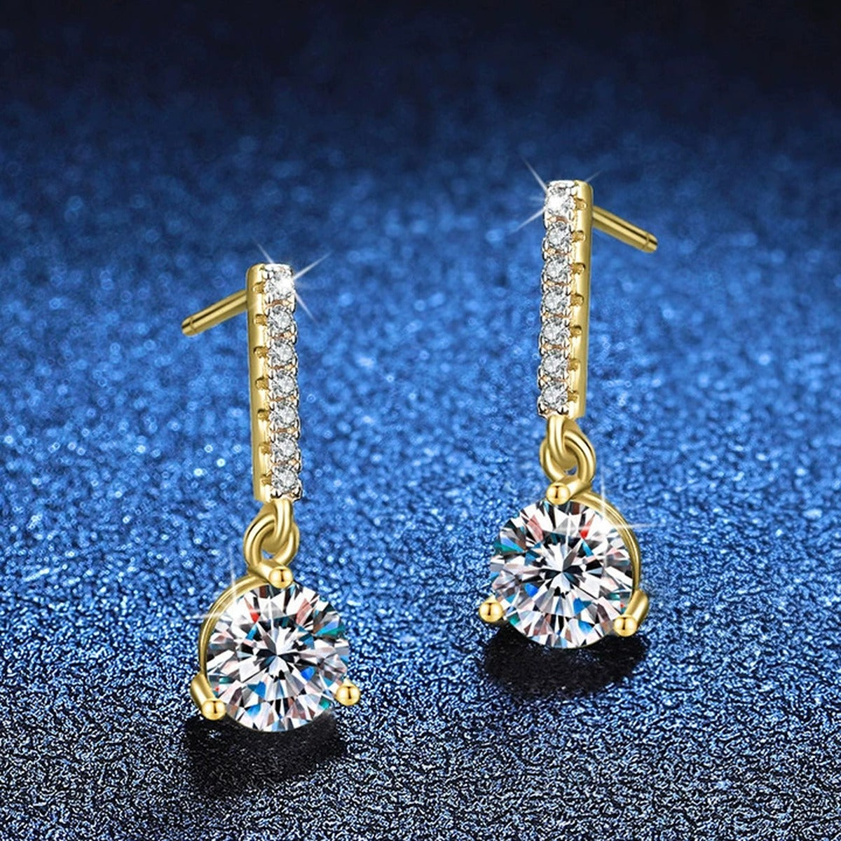 Round Moissanite Bar Drop Earrings with CZ in Yellow Gold-Plated S925 Sterling Silver blue scene product view
