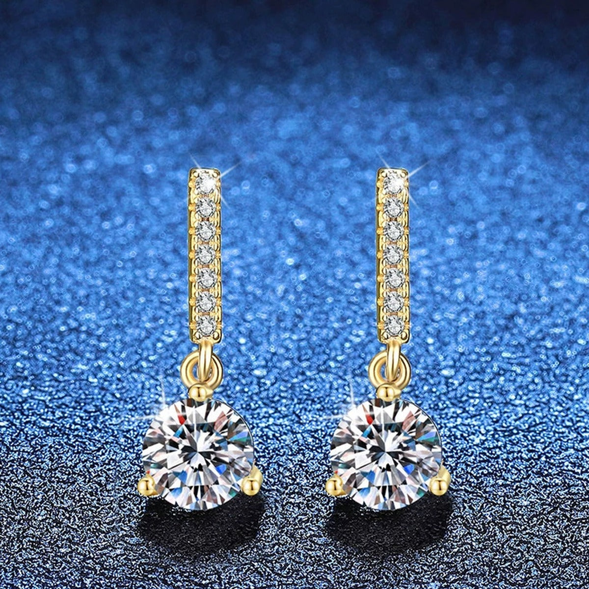 Round Moissanite Bar Drop Earrings with CZ in Yellow Gold-Plated S925 Sterling Silver blue scene angled view