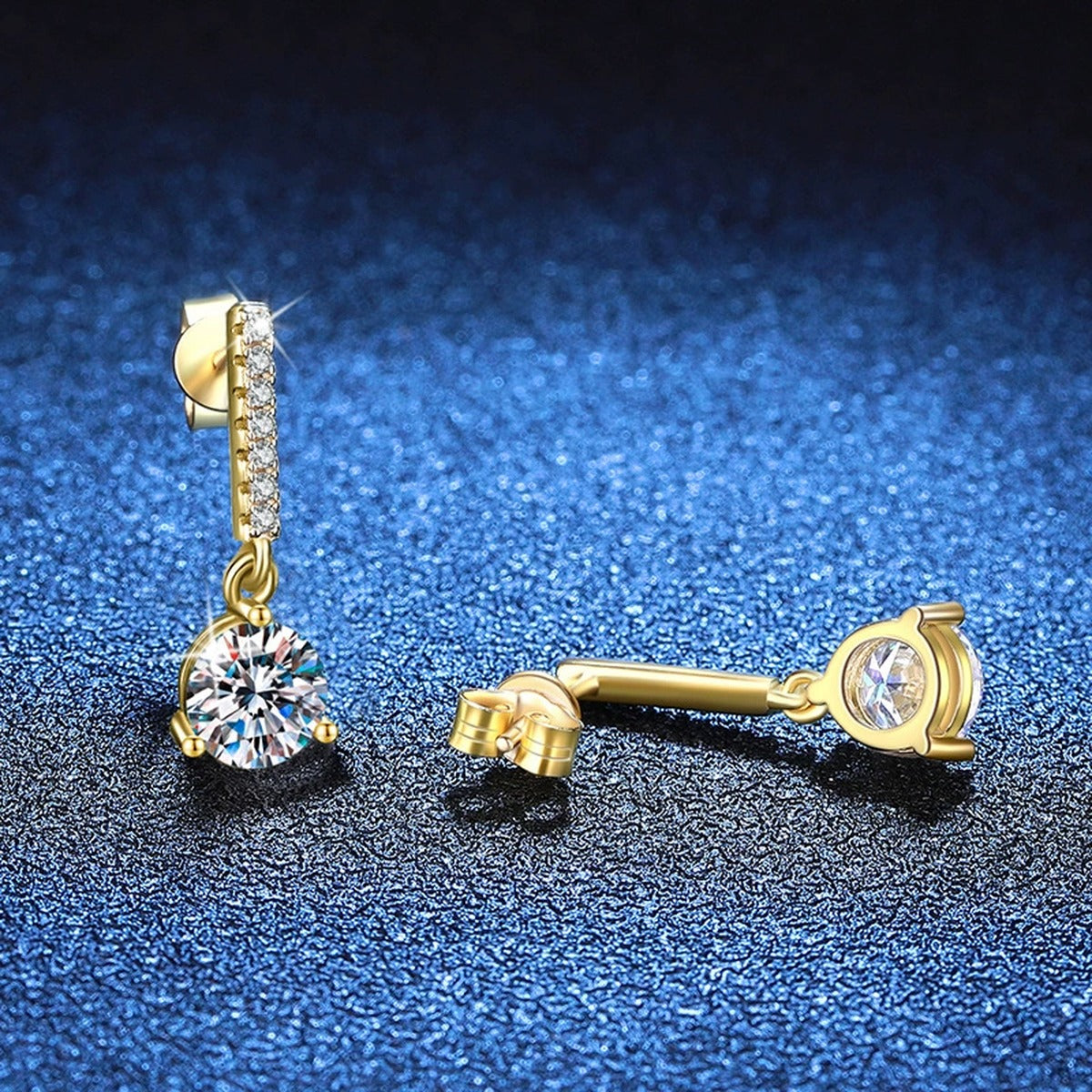 Round Moissanite Bar Drop Earrings with CZ in Yellow Gold-Plated S925 Sterling Silver blue scene close-up view