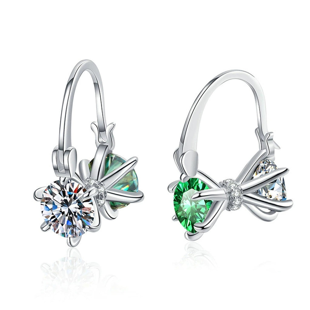 Green and White Moissanite Star Drop Earrings with CZ in White Gold-Plated S925 Sterling Silver on clean white background showing a star drop design pairing green and white round moissanite stones