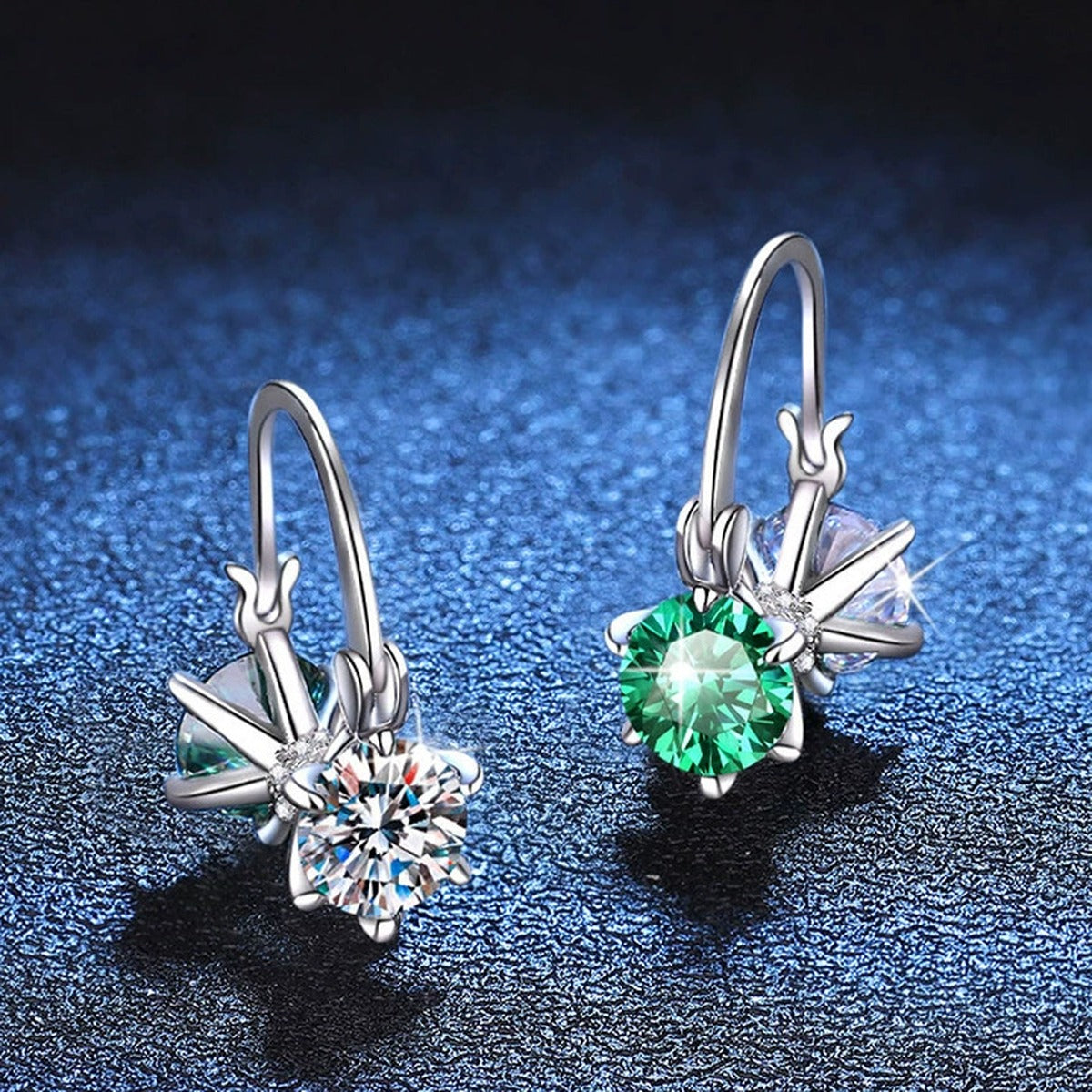 Green and White Moissanite Star Drop Earrings with CZ in White Gold-Plated S925 Sterling Silver blue scene product view