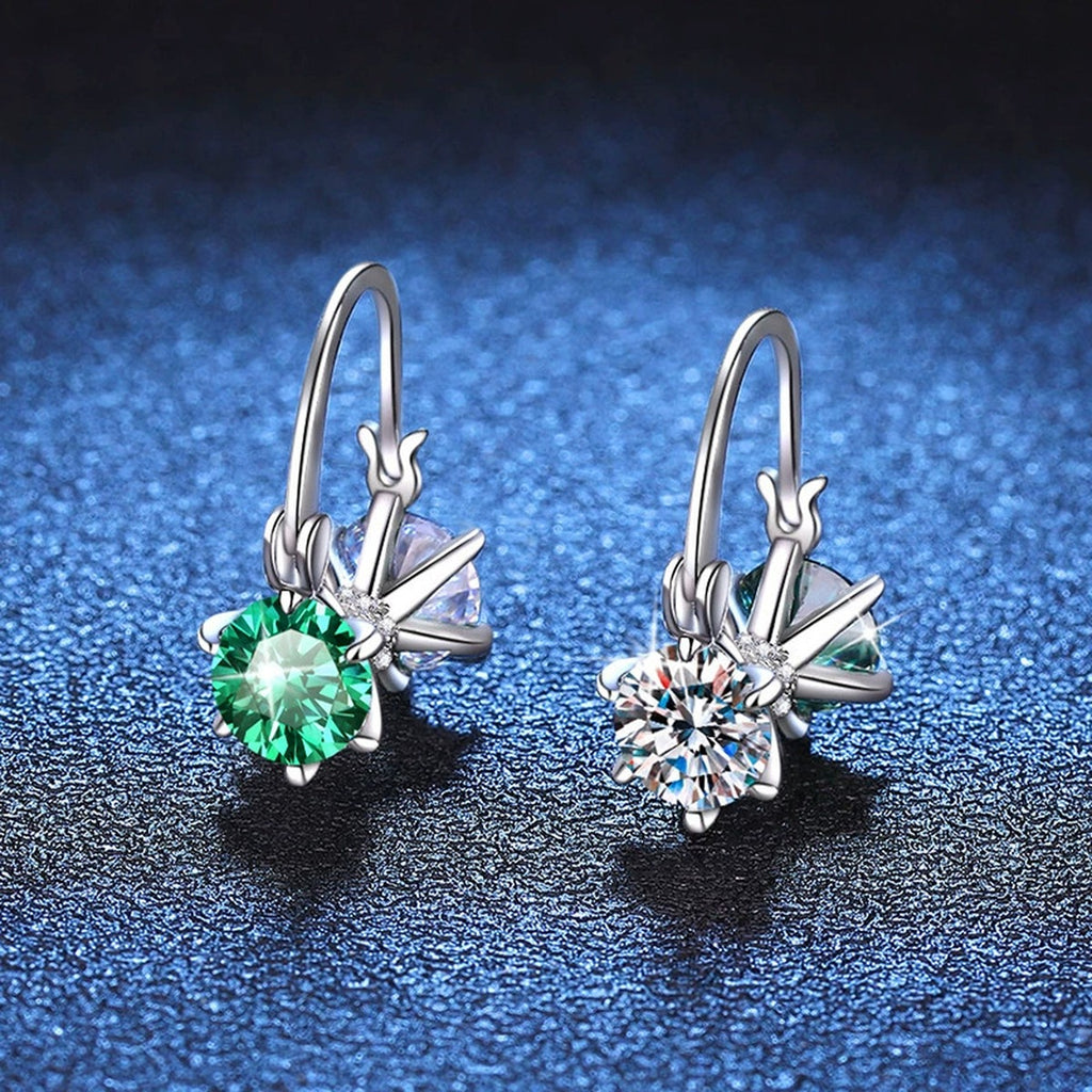 Green and White Moissanite Star Drop Earrings with CZ in White Gold-Plated S925 Sterling Silver blue scene angled view