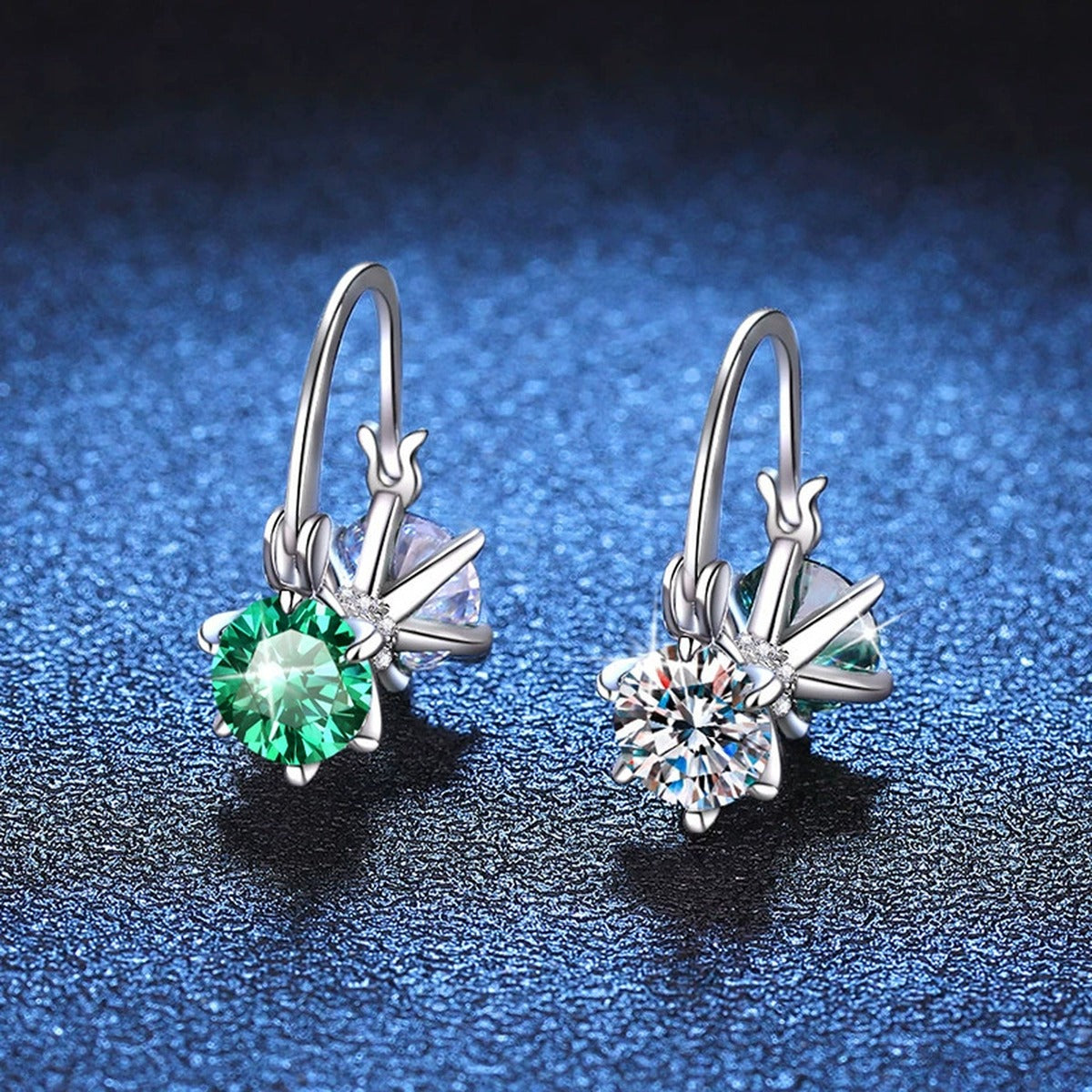 Green and White Moissanite Star Drop Earrings with CZ in White Gold-Plated S925 Sterling Silver blue scene angled view