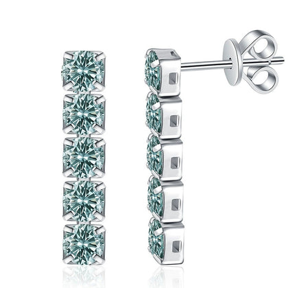 Green Stone Bar Stud Earrings in White Gold-Plated S925 Sterling Silver on clean white background showing a slim vertical bar stud set with green stones