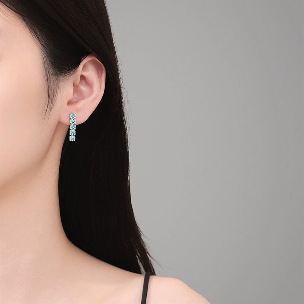 Green Stone Bar Stud Earrings in White Gold-Plated S925 Sterling Silver worn on ear by model