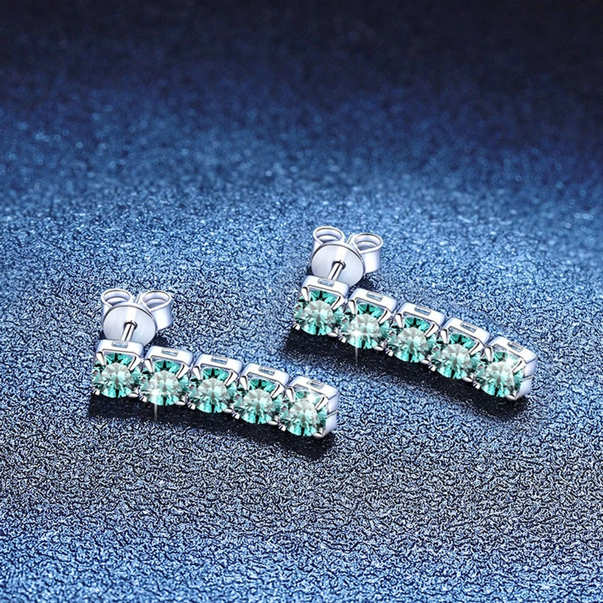Green Stone Bar Stud Earrings in White Gold-Plated S925 Sterling Silver blue scene product view