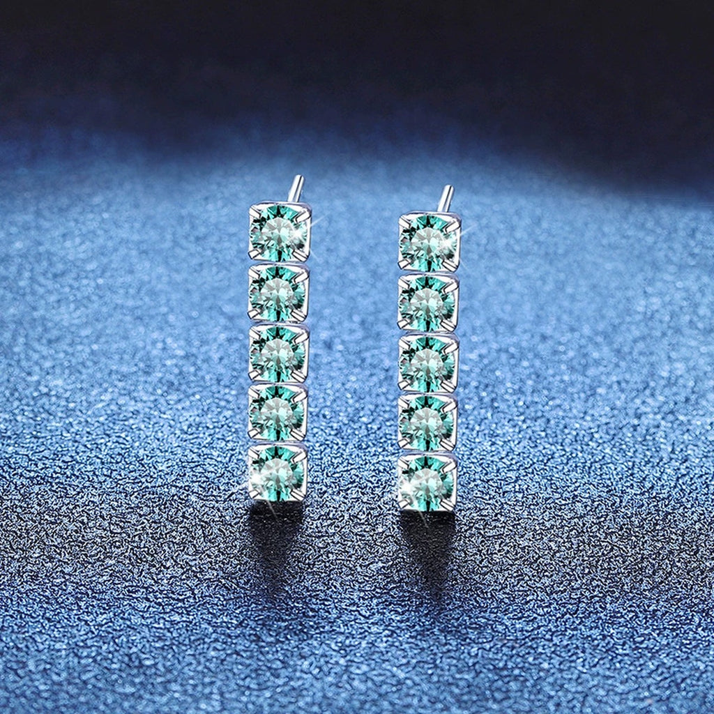 Green Stone Bar Stud Earrings in White Gold-Plated S925 Sterling Silver blue scene close-up view