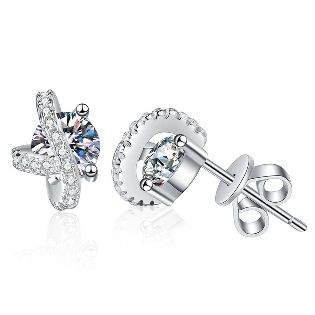 Star Moissanite Stud Earrings with CZ in White Gold-Plated S925 Sterling Silver on clean white background showing a star-shaped stud with a round moissanite center