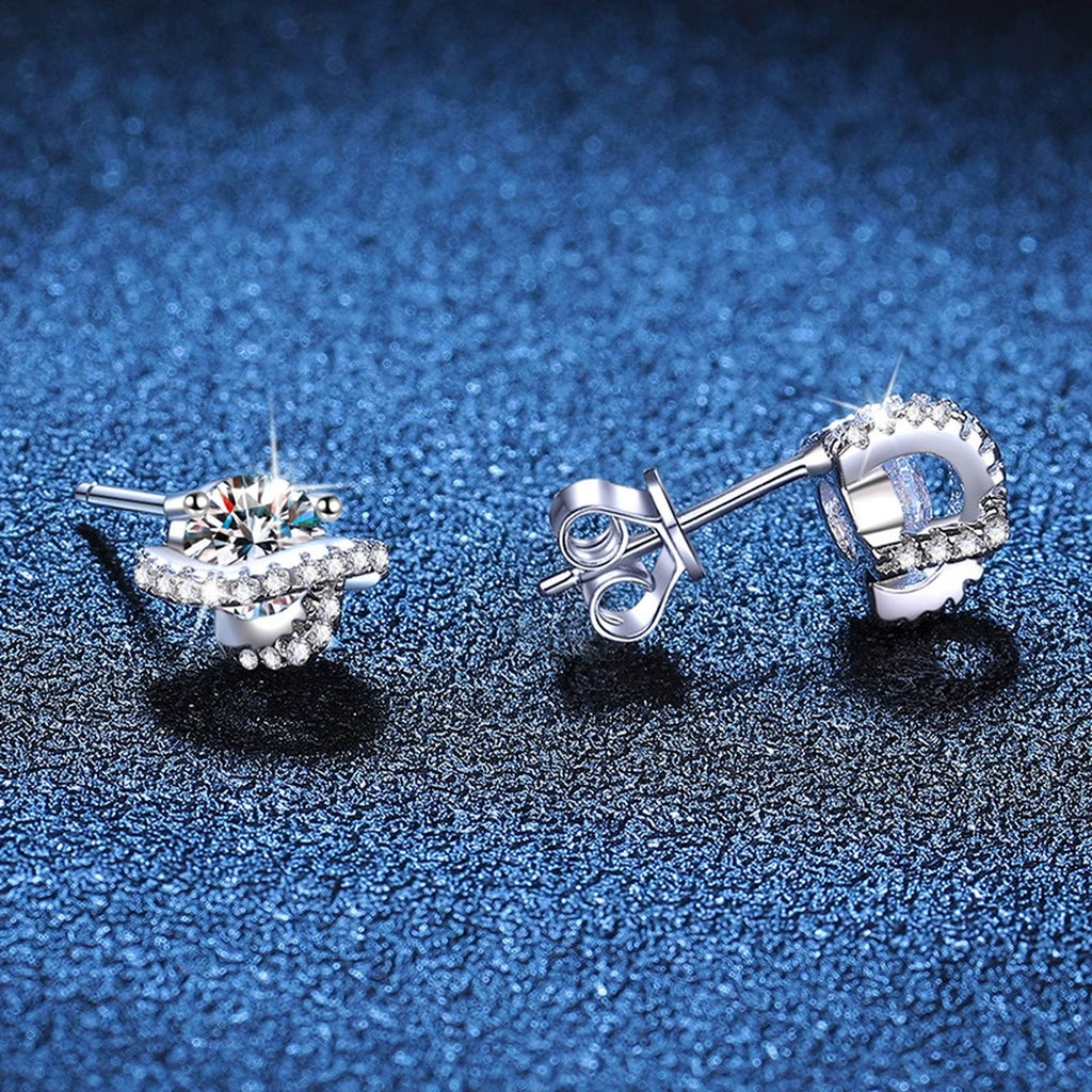 Star Moissanite Stud Earrings with CZ in White Gold-Plated S925 Sterling Silver blue scene close-up view
