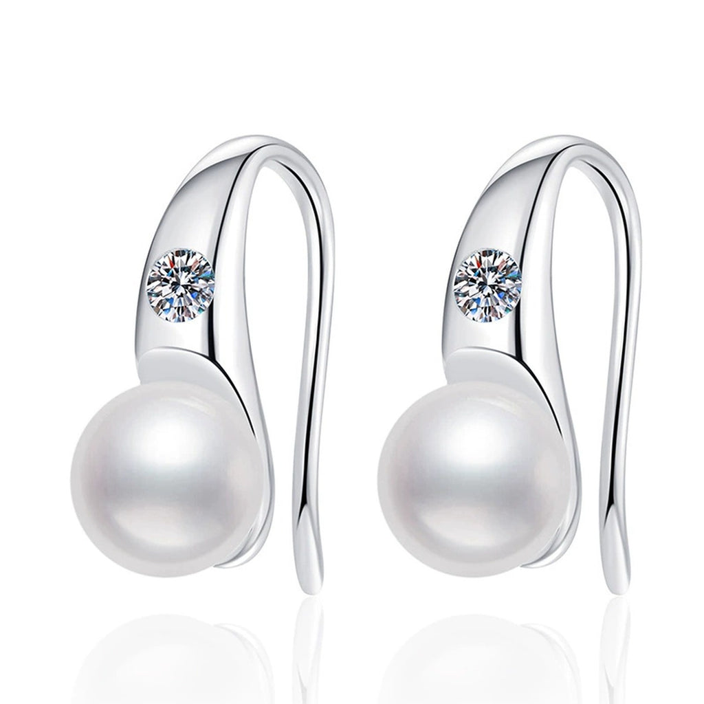 Pearl Moissanite Hook Drop Earrings in White Gold-Plated S925 Sterling Silver on clean white background showing a curved hook drop earring with a pearl and small moissanite accent